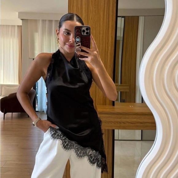 Zara Tops - Zara elegant Black Satin Lace-Trim Halter Top